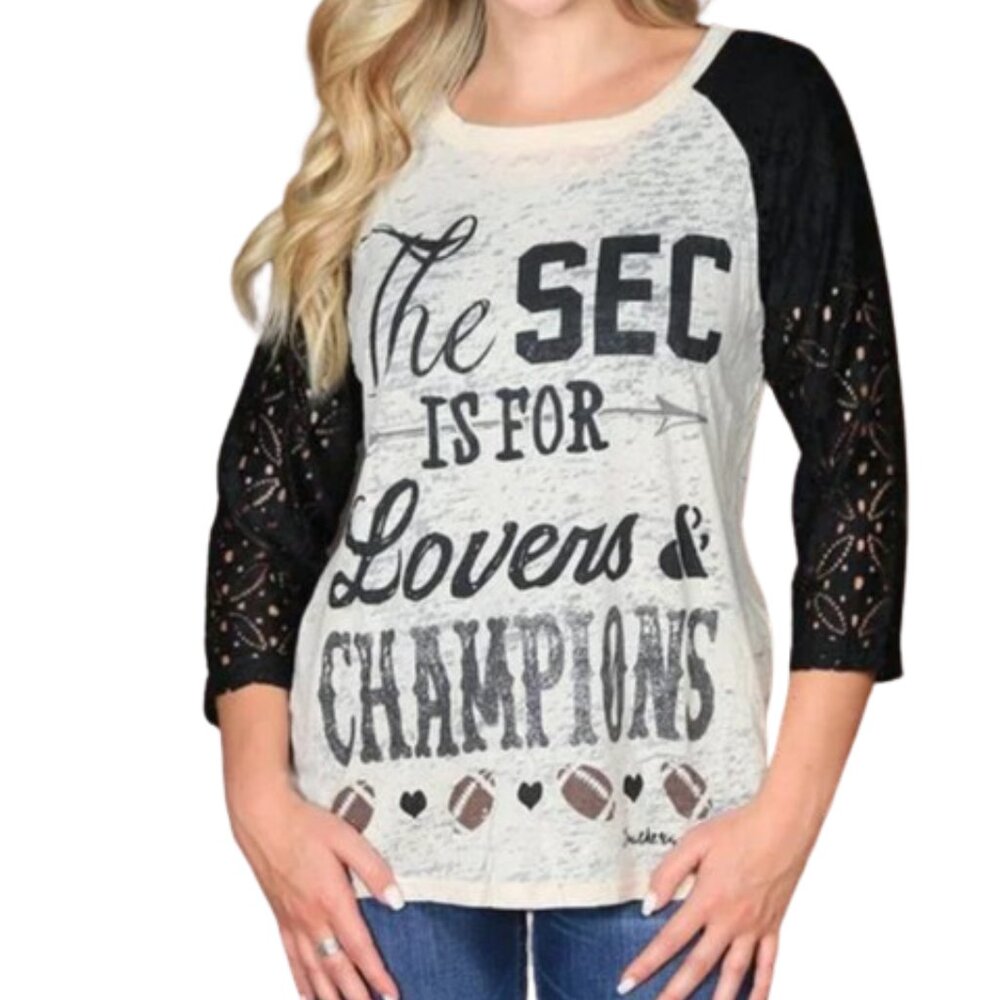 "The SEC is for Lovers & Champions" Black Lace Sleeve Raglan Top